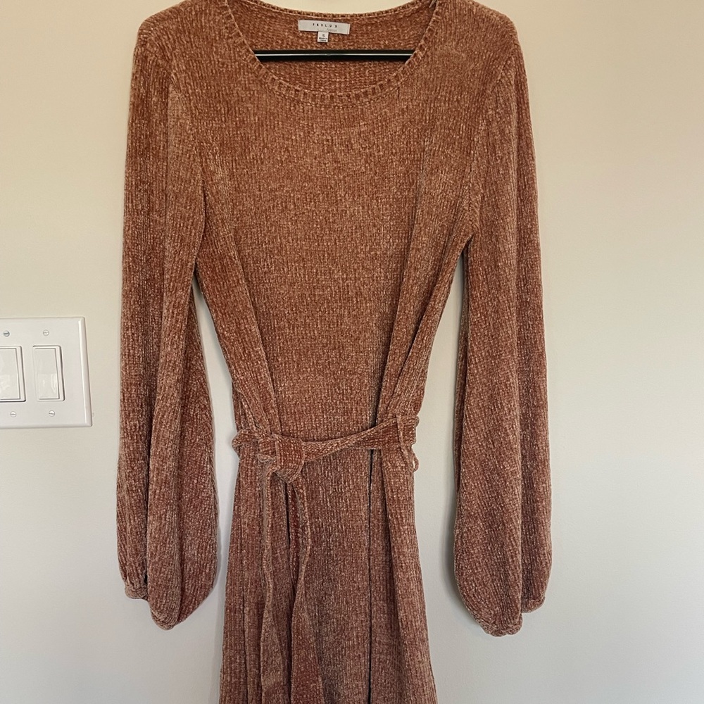 Chenille, burnt orange/mustard sweater dress, tie waist